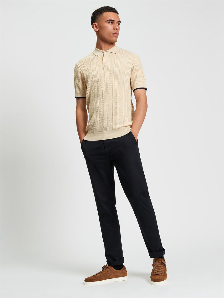 Ben Sherman Cable Texture Polo in Fog - full length side view showing regular fit cotton knitted polo shirt
