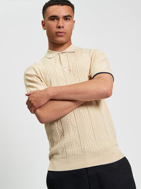 Ben Sherman Cable Texture Polo in Fog - model wearing front view showing cable knit pattern and polo collar