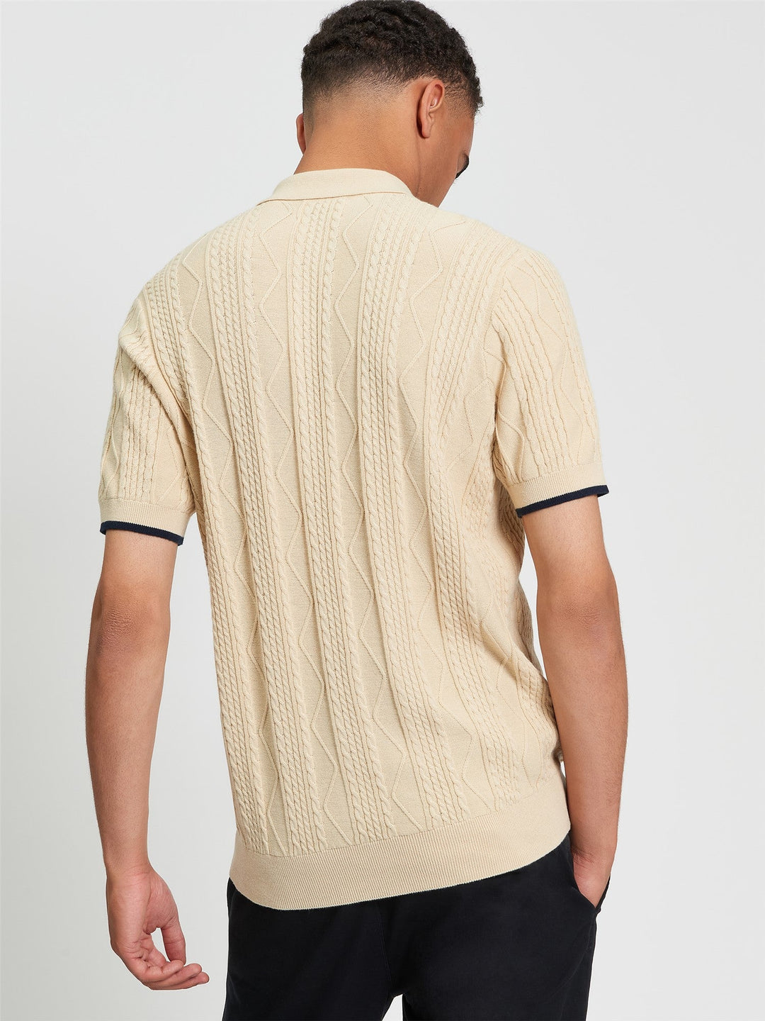 Ben Sherman Cable Texture Polo in Fog - back view showing cable knit texture and contrast tipped sleeves