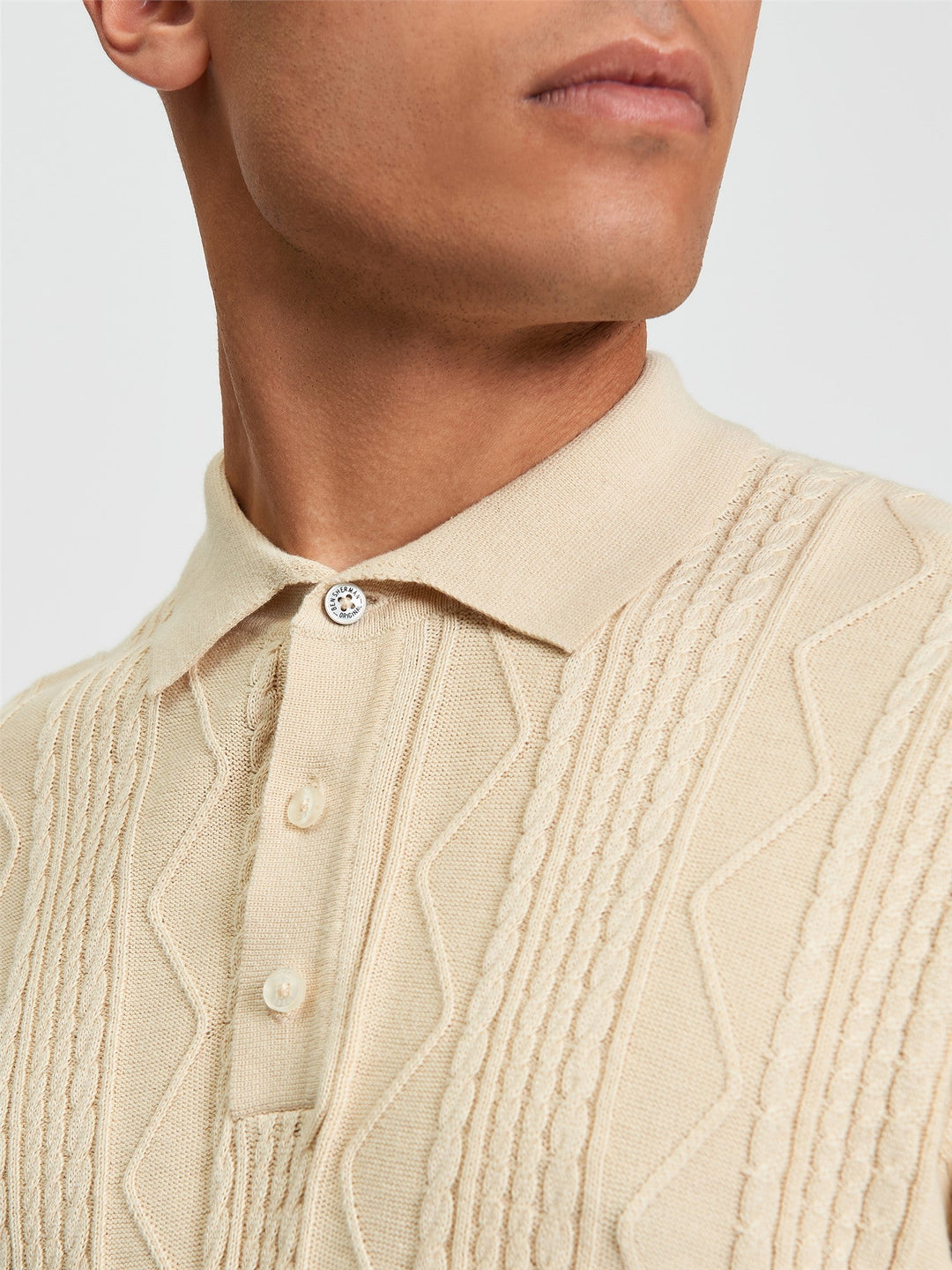 Ben Sherman Cable Texture Polo in Fog - close-up detail of polo collar button placket and cable knit texture