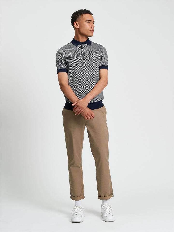 Ben Sherman Coloured Textured Polo in Dark Navy - full length side view showing regular fit cotton knitted polo