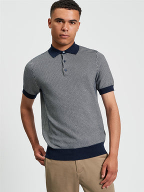 Ben Sherman Coloured Textured Polo in Dark Navy - model wearing front view showing duo coloured knit texture and navy collar
