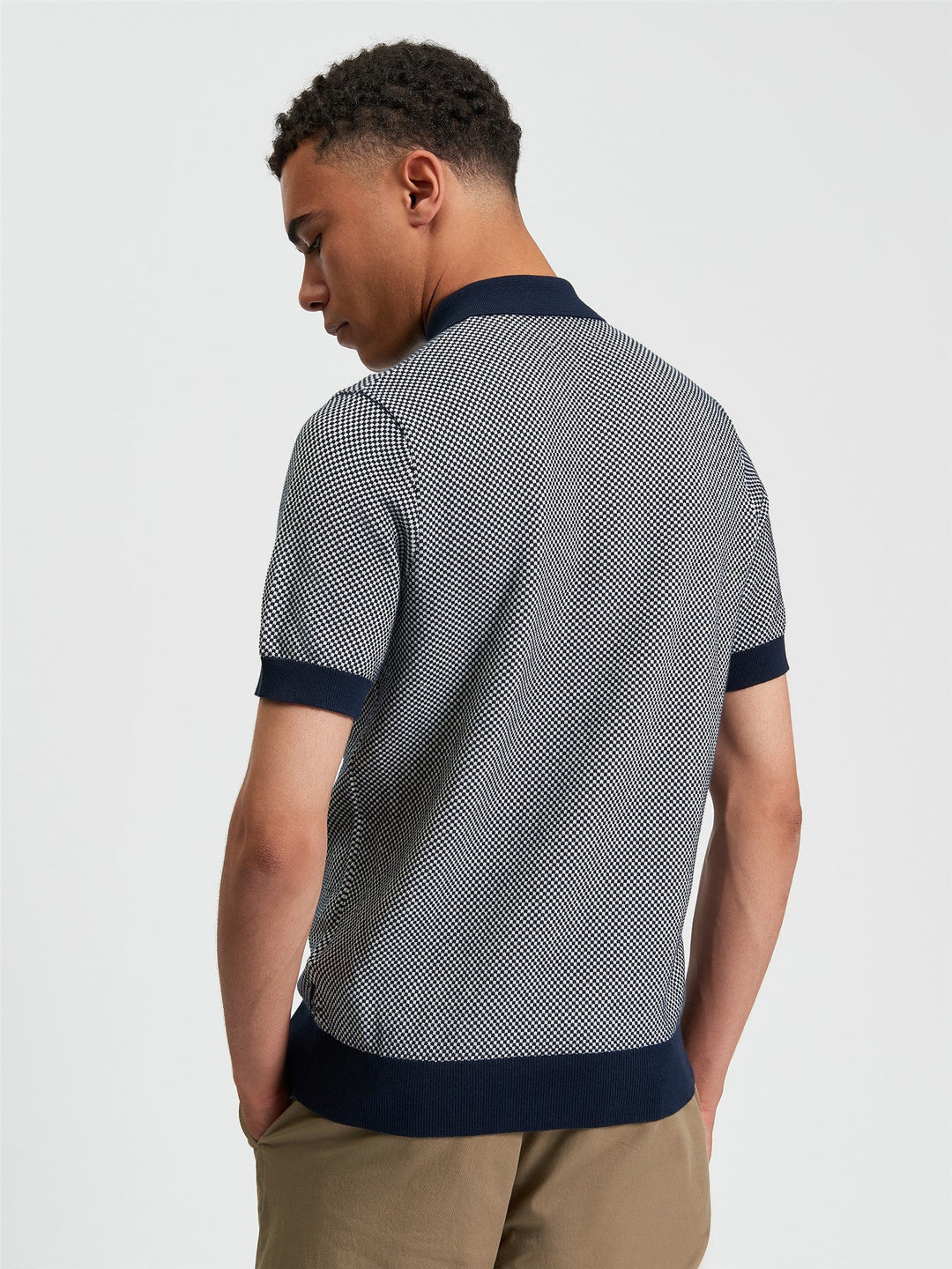 Ben Sherman Coloured Textured Polo in Dark Navy - back view showing textured knit pattern and contrast navy trim