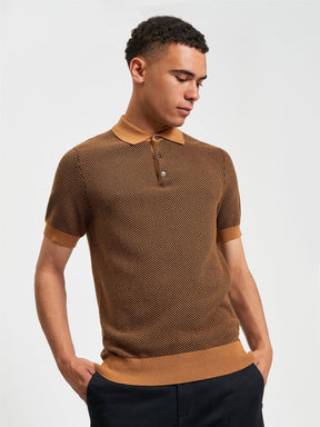 Ben Sherman Coloured Textured Polo in Camel - model wearing front view showing duo coloured knit texture and camel collar