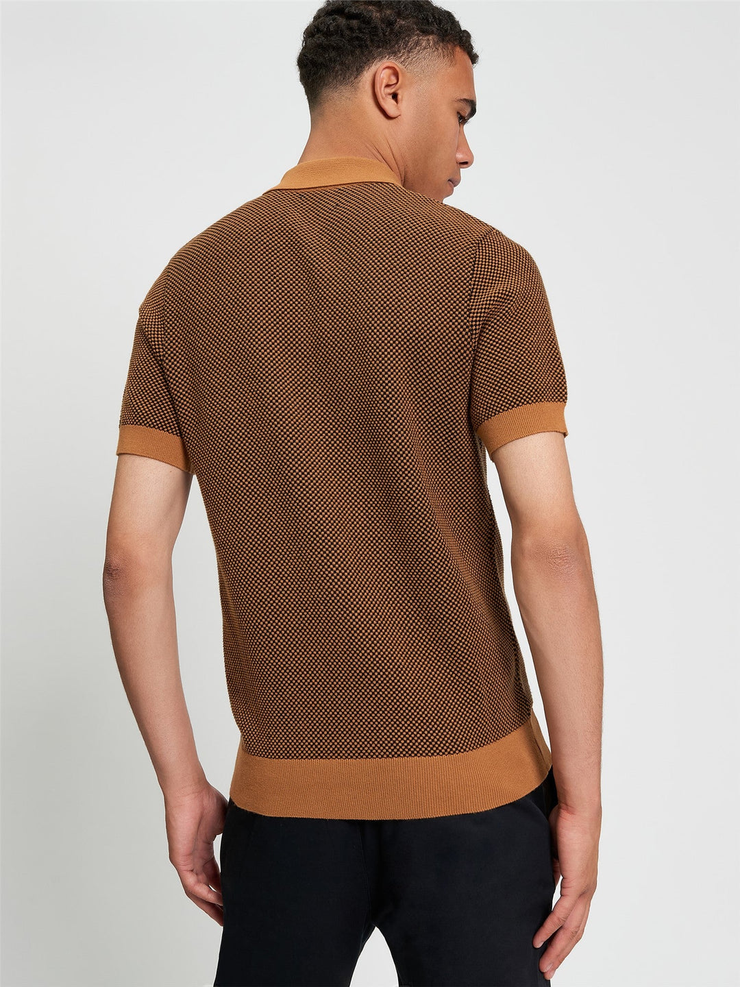 Ben Sherman Coloured Textured Polo in Camel - back view showing textured knit pattern and contrast camel trim