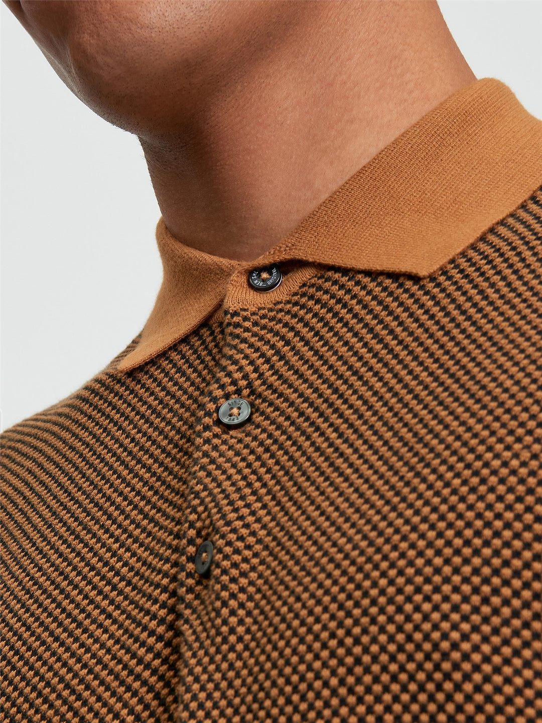 Ben Sherman Coloured Textured Polo in Camel - close-up detail of textured knit fabric and contrast camel collar and cuffs