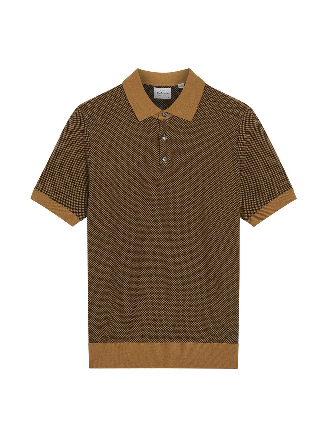 Ben Sherman Coloured Textured Polo in Camel - flat lay product shot showing duo coloured textured knit and camel collar cuffs and hem