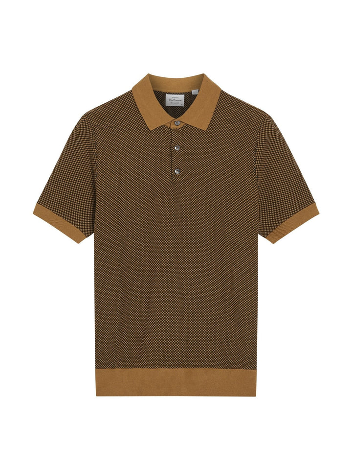 Ben Sherman Coloured Textured Polo in Camel - flat lay product shot showing duo coloured textured knit and camel collar cuffs and hem