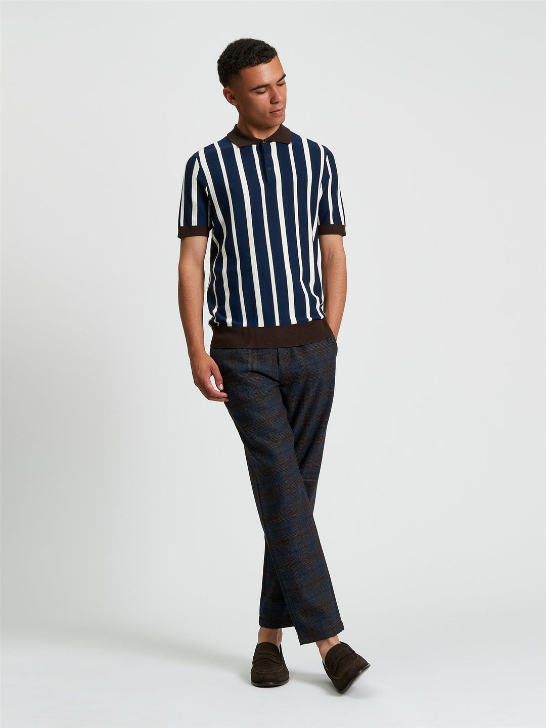 Ben Sherman Raised Stripe Polo in Dark Navy - full length side view showing regular fit knitted polo with bold vertical stripe design