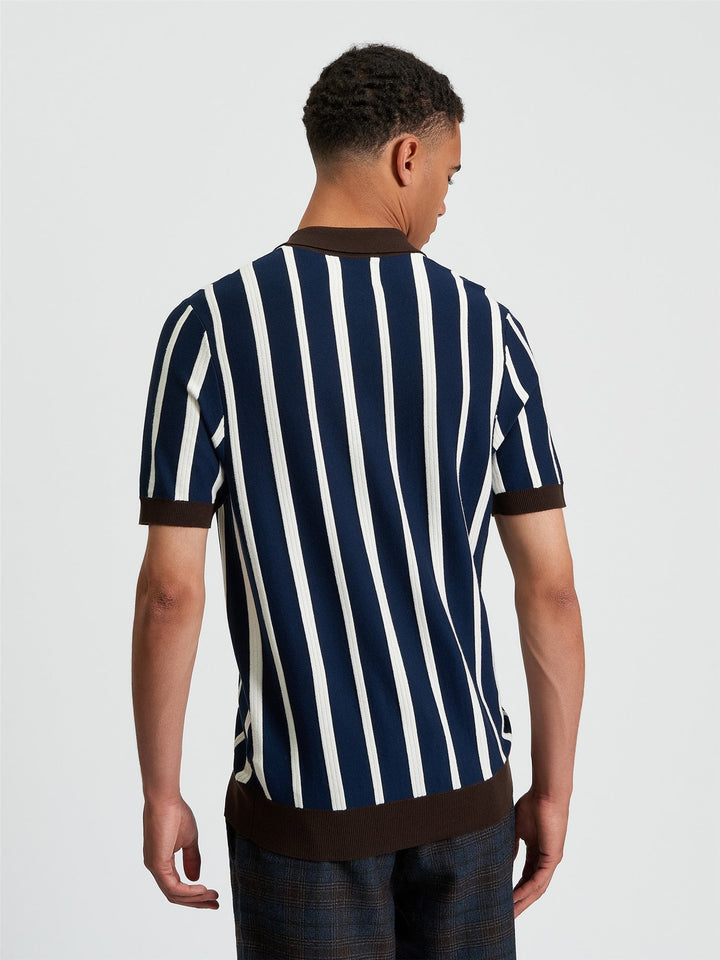 Ben Sherman Raised Stripe Polo in Dark Navy - back view showing vertical stripe pattern with contrast brown knit collar and cuff detail