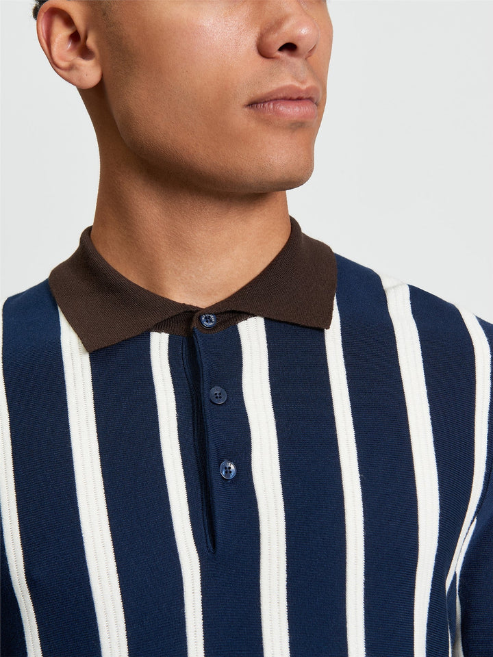 Ben Sherman Raised Stripe Polo in Dark Navy - close-up detail of raised stripe knit texture and polo collar with contrast brown tipping