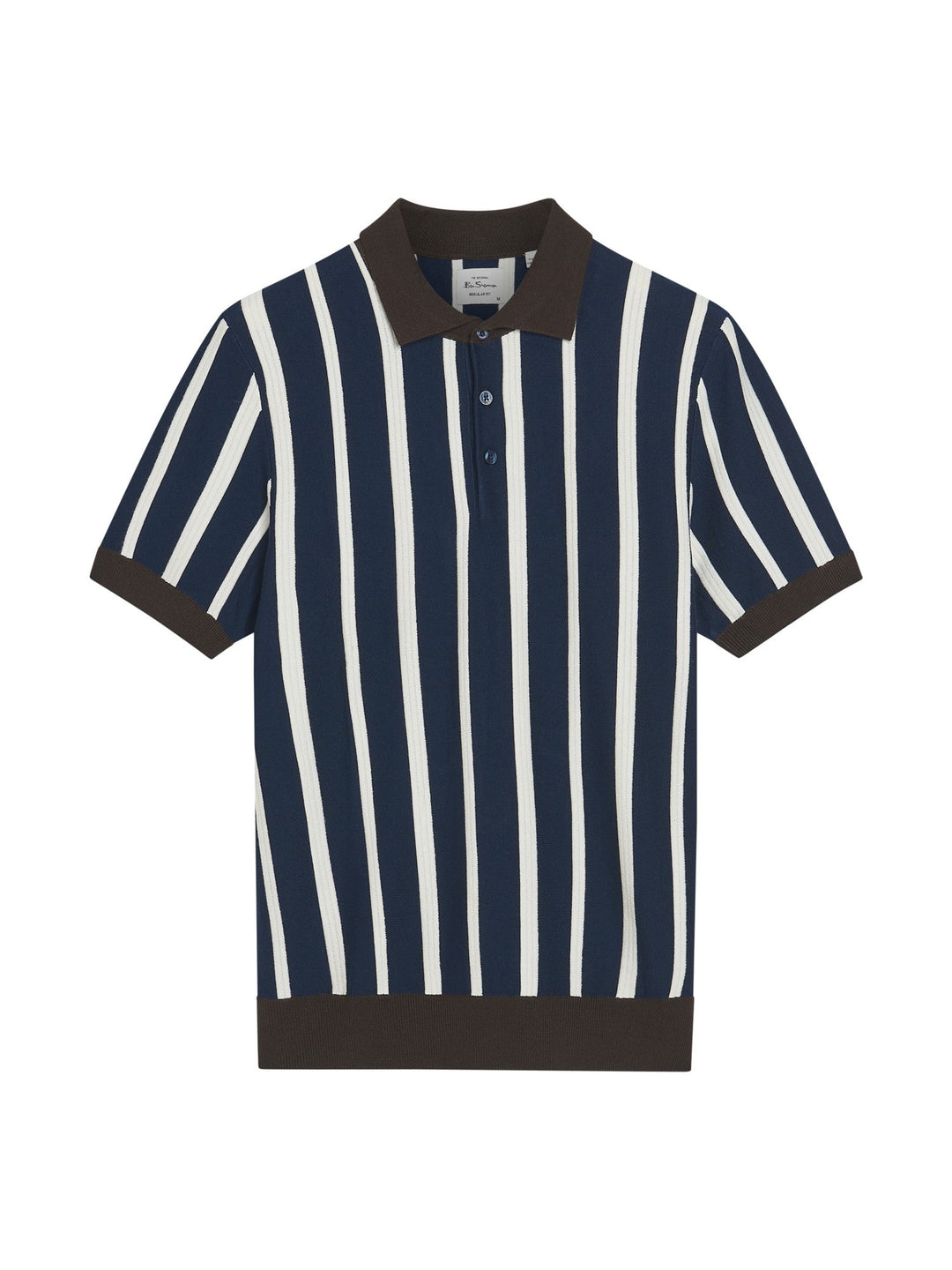 Ben Sherman Raised Stripe Polo in Dark Navy - flat lay product shot showing raised stripe knit pattern with contrast brown collar and cuff detail