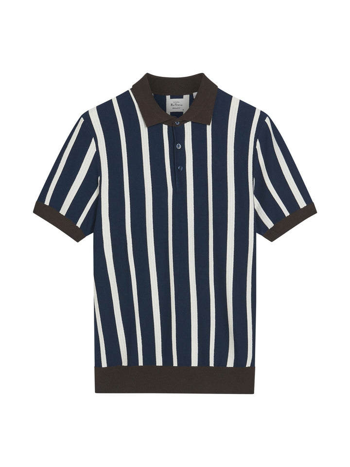 Ben Sherman Raised Stripe Polo in Dark Navy - flat lay product shot showing raised stripe knit pattern with contrast brown collar and cuff detail