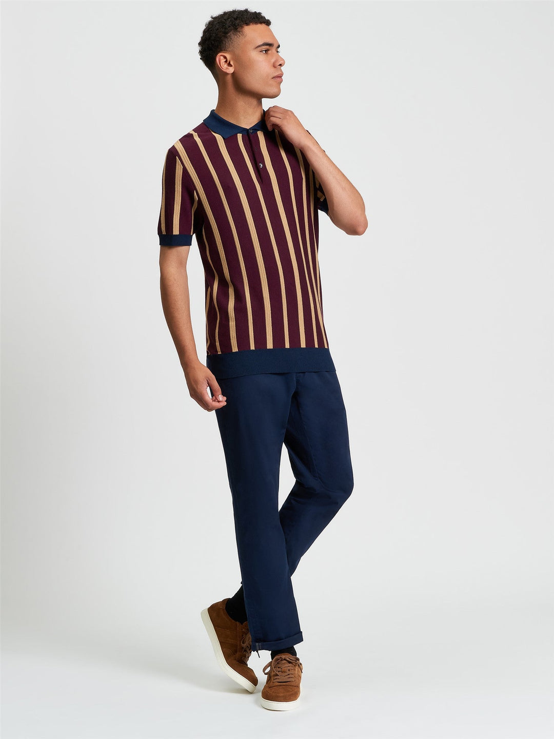 Ben Sherman Raised Stripe Polo in Dark Wine - full length side view showing regular fit knitted polo with raised stripe design
