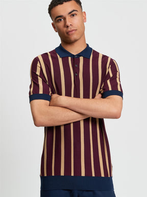 Ben Sherman Raised Stripe Polo in Dark Wine - model wearing front view showing raised stripe knit design with contrast tipping