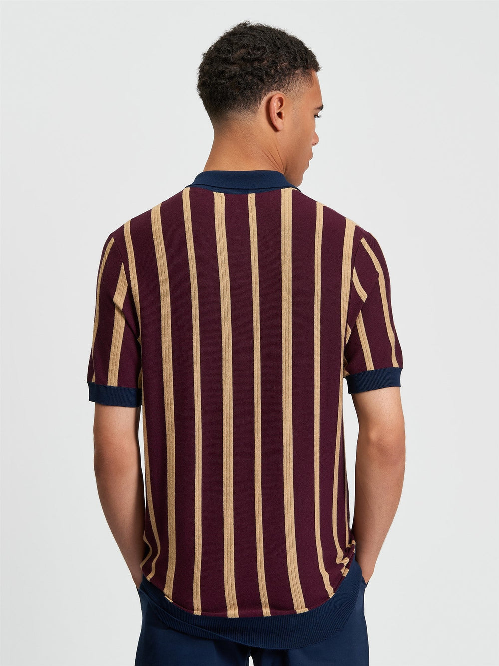 Ben Sherman Raised Stripe Polo in Dark Wine - alternate front view showing bold vertical stripe pattern and navy contrast trim