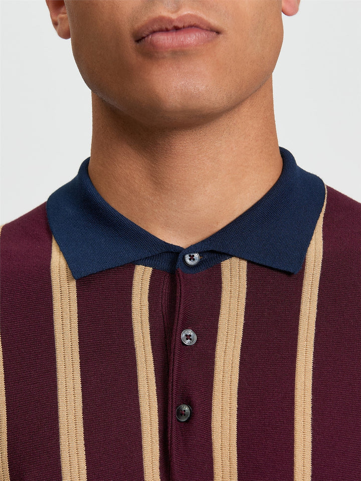 Ben Sherman Raised Stripe Polo in Dark Wine - close-up detail of raised stripe knit texture and polo collar