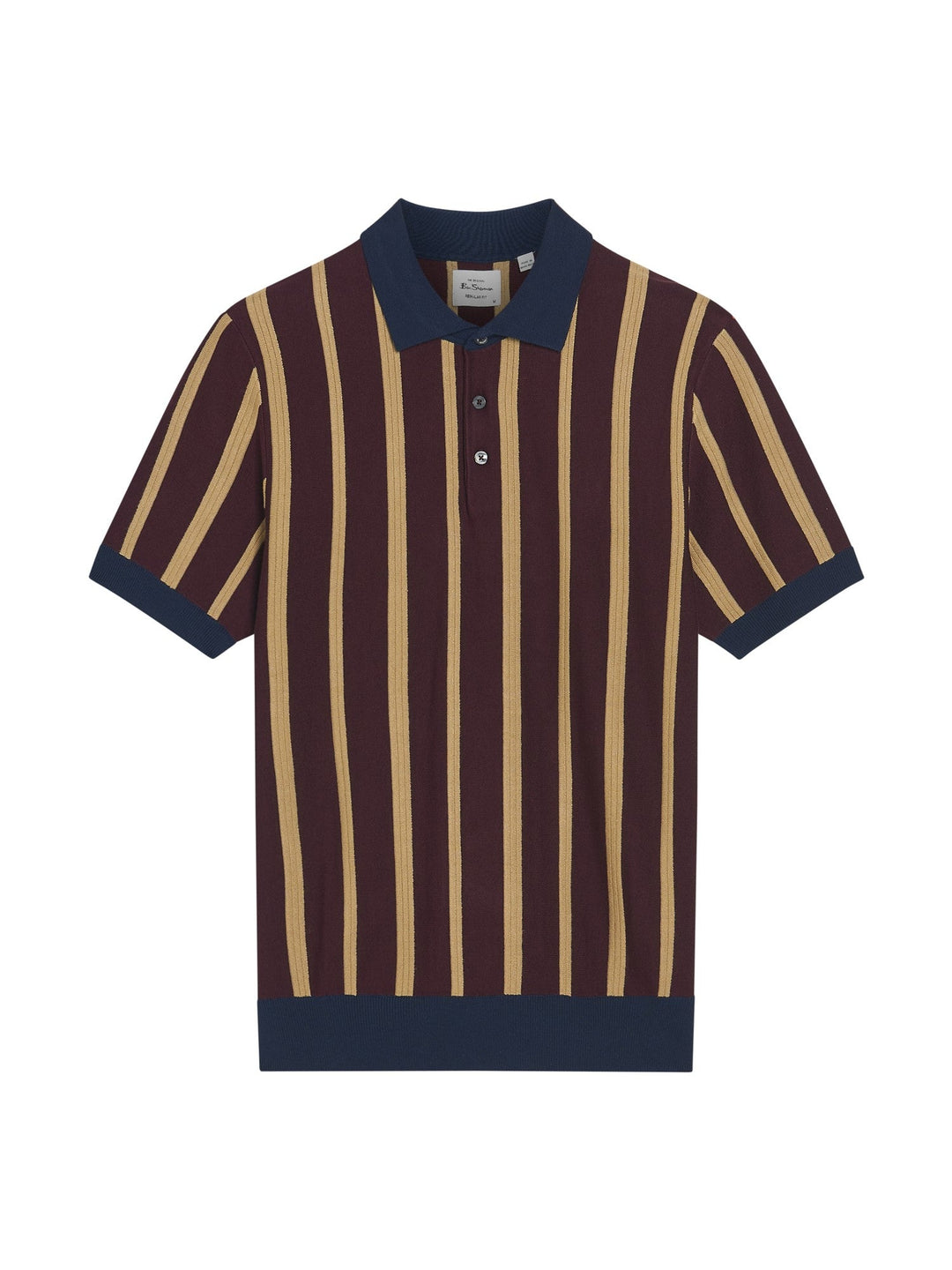 Ben Sherman Raised Stripe Polo in Dark Wine - flat lay product shot showing raised stripe knit pattern with contrast navy collar and cuffs