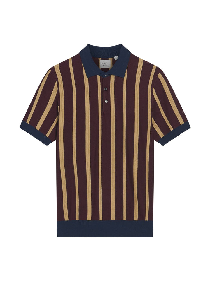 Ben Sherman Raised Stripe Polo in Dark Wine - flat lay product shot showing raised stripe knit pattern with contrast navy collar and cuffs