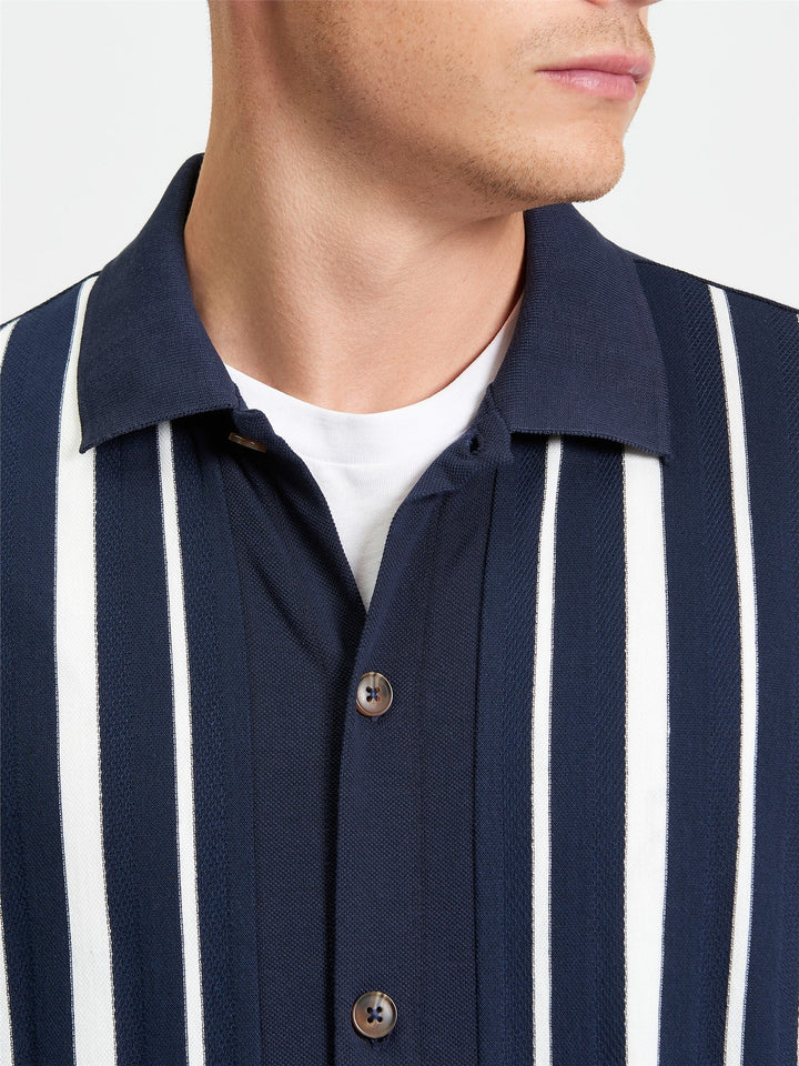 Ben Sherman Button Through Stripe Polo in Dark Navy - close-up detail of pique stripe texture with button placket and spread collar
