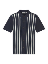 Button Through Stripe Polo in Dark Navy