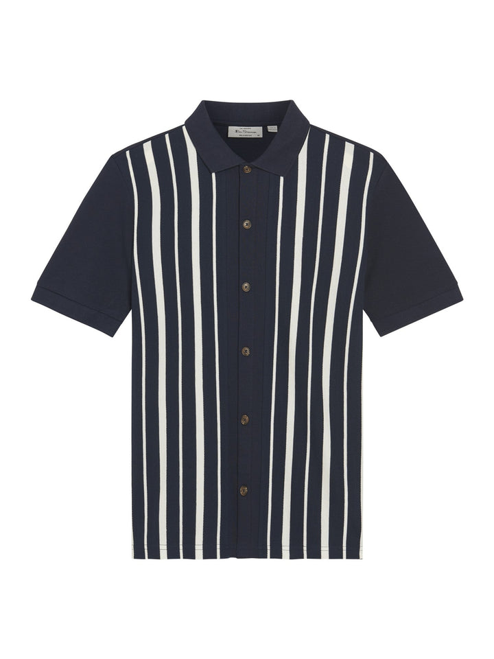 Ben Sherman Button Through Stripe Polo in Dark Navy - flat lay product shot showing pique stripe design with button-through front and spread collar