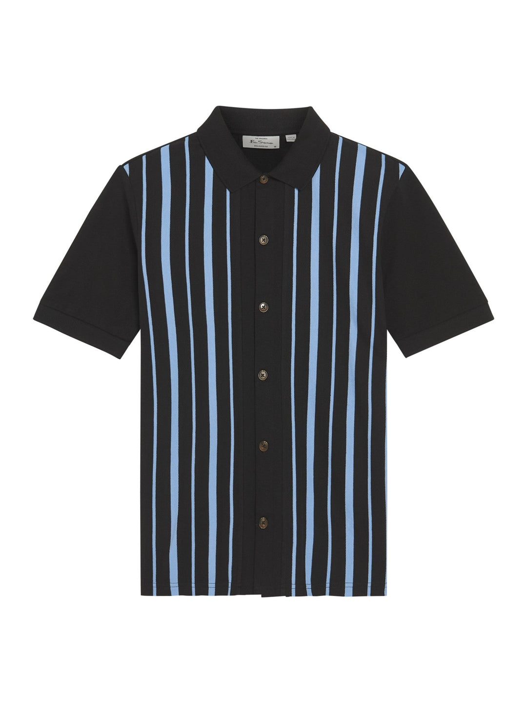 Ben Sherman Button Through Stripe Polo in Black - flat lay product shot showing pique stripe design with full button-through front and spread collar