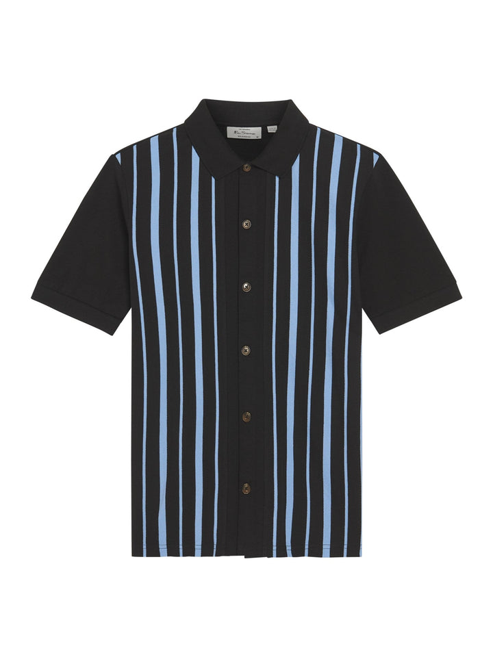 Ben Sherman Button Through Stripe Polo in Black - flat lay product shot showing pique stripe design with full button-through front and spread collar