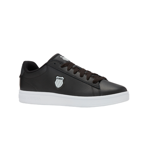 K-Swiss Court Shield II sneaker in Black and White - side profile view of classic low-top court shoe with white sole and K-Swiss badge