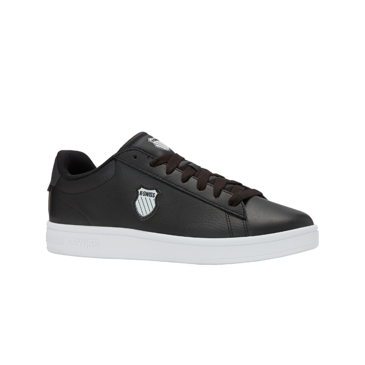 K-Swiss Court Shield II sneaker in Black and White - side profile view of classic low-top court shoe with white sole and K-Swiss badge