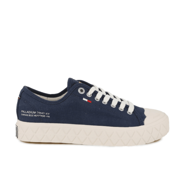 Palladium Palla Ace Washed CVS in Mood Indigo - side view showing stone-washed canvas upper, Palladium branding and diamond pattern outsole