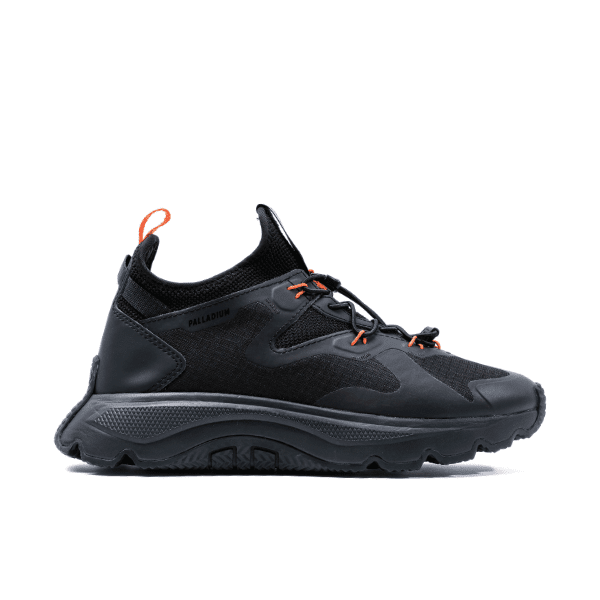 Palladium Thunder Lo sneaker in Black - side view showing low-cut nylon upper with ripstop detail on white background