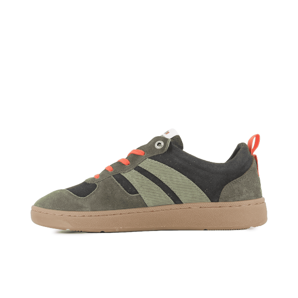 Palladium Pallacup Flame Suede sneaker in Beluga and Olive Night – heel view