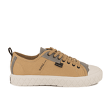 Palladium Palla Ace HTG Supply Woodlin men's low-top canvas sneaker – side profile, tan moleskin upper with diamond rubber outsole