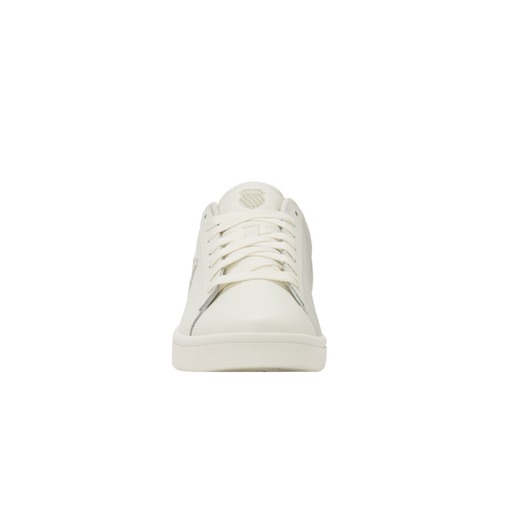 K-Swiss Court Shield II sneaker in Snow White and Light Grey - front-on view of low-top court shoe with rounded toe-box