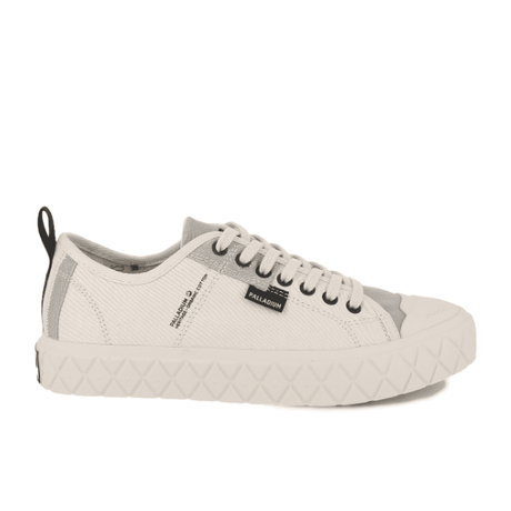 Palladium Palla Ace HTG Supply White Cap Grey low-top sneaker - side profile showing military-inspired moleskin canvas upper and diamond outsole