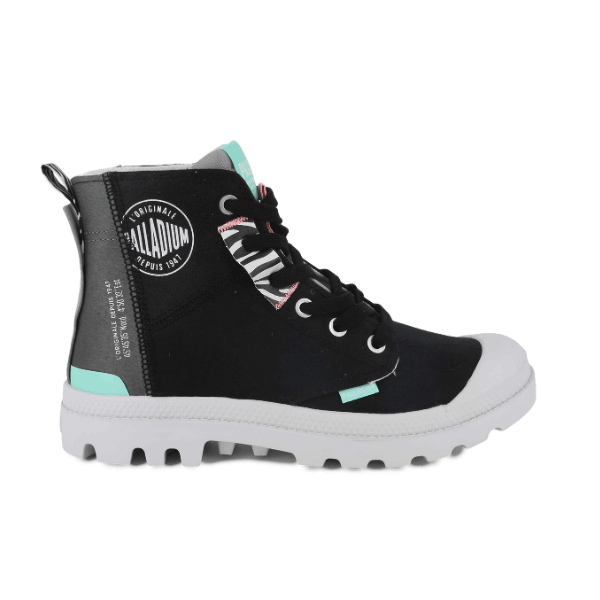 Pampa Hi Urban Layer Black high-top boot with teal accents and white outsole – side view