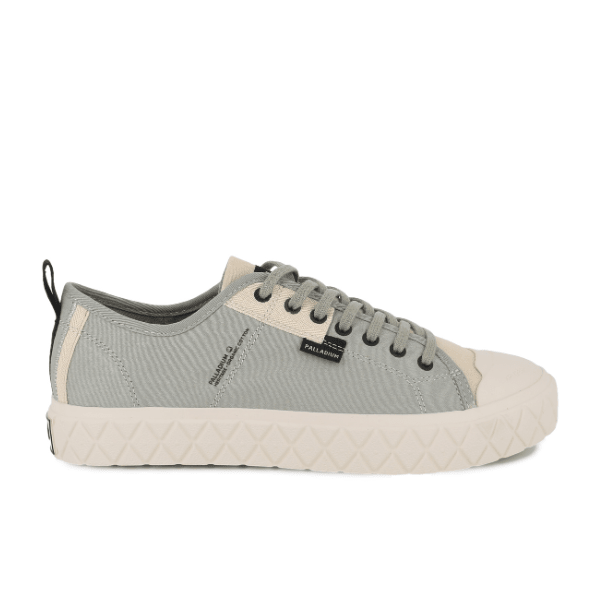 Palladium Palla Ace HTG Supply Abbey Stone low-top sneaker - side profile showing military-inspired moleskin canvas upper and diamond rubber outsole