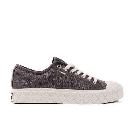 Palladium Palla Ace Washed CVS Metal/Black low-top sneaker - side profile showing dark stone-washed canvas upper and signature diamond outsole