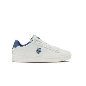 K-Swiss Court Shield II sneaker in White and Blue Horizon - side profile view of classic low-top court shoe with blue heel tab