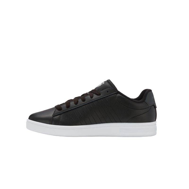 K-Swiss Court Shield II sneaker in Black and White - top-down side view showing 5-stripe stitching and low-top silhouette with white midsole