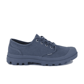 Palladium Pampa Oxford Vintage Indigo men's low-top sneaker – side profile, washed indigo canvas upper with matching outsole and lace-up closure