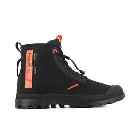 Palladium PAMPA Lite Journey Boot Black – side view with orange toggle lace and branding tape on black canvas