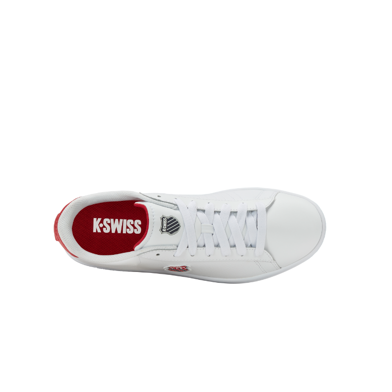 K-Swiss Court Shield II sneaker in White and Mars Red - overhead insole view showing Mars Red footbed and K-Swiss branding
