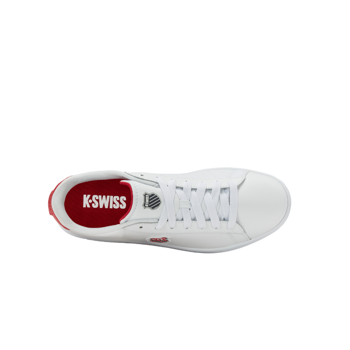 K-Swiss Court Shield II sneaker in White and Mars Red - overhead insole view showing Mars Red footbed and K-Swiss branding