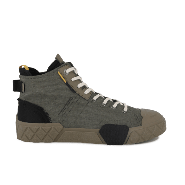 Ace City Shell Chukka Olive Night high-top boot – side view showing olive green ripstop upper with black panels and white laces