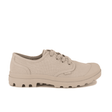 Palladium Pampa Oxford Pilat men's low-top sneaker – side profile, beige washed canvas upper with tonal lacing and durable rubber outsole