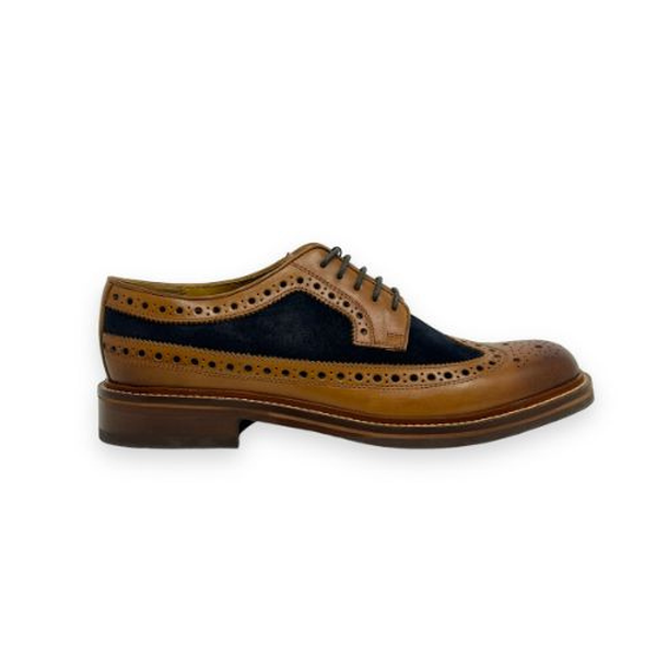 Chapman & Moore men's leather brogue shoe in tan and navy – side profile view