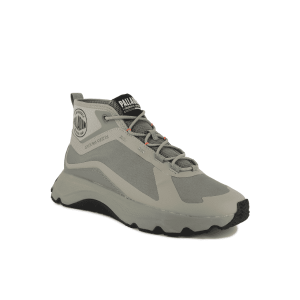 Palladium Thunder Mid sneaker in Vetiver - angled side view showing fast lacing system and sock collar detail