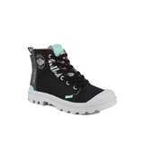 Pampa Hi Urban Layer Black high-top boot – front angle view showing teal detail and white rubber outsole